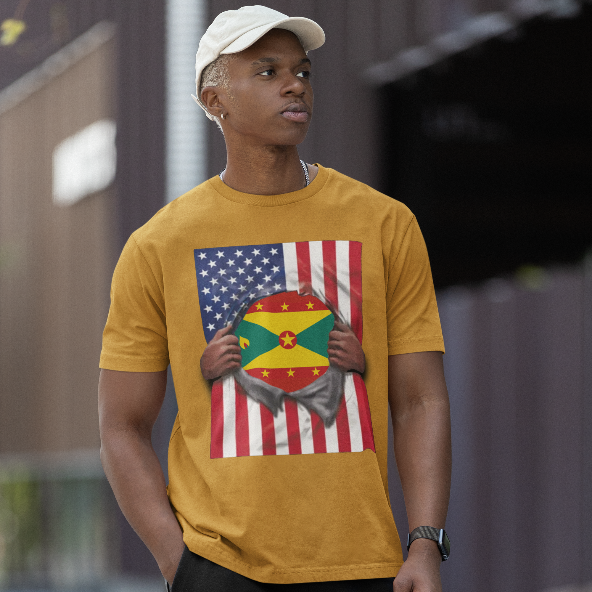 Camiseta de Granada + Bandera de EE. UU. | Bandera de Granada + Americana Rasgada 4 de Julio | Camisetas Latinas Divertidas | 4 Colores