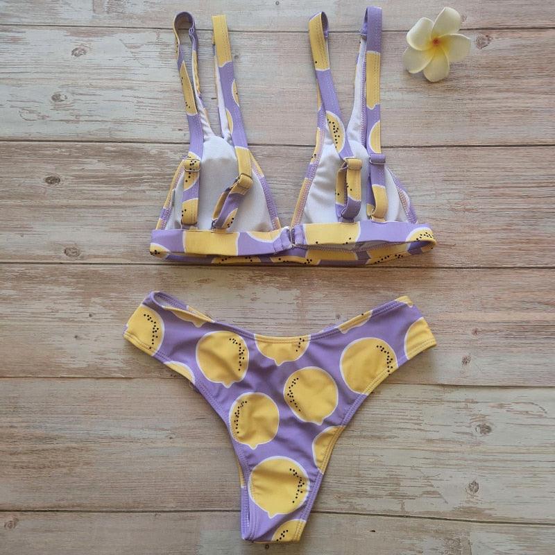 Summer Bikini Stylish Swimwear Women Halter Push Up Bikini Women's Neck Triangle Bikini Set Leopard Print Two Piece Swimsuits Set Swimsuit Female Lemon Print Bandage Bathing Suit