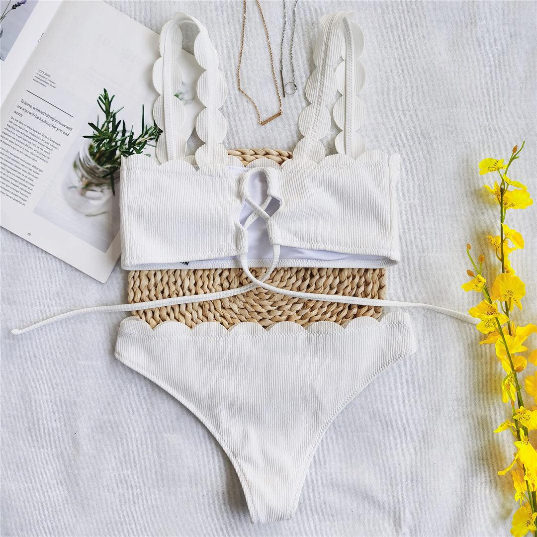 Summer Blue Bikini Women Swimwear Female Swimsuit Women’s Floral Print Lace-up Strapless Padded Comfortable Swimwear Bathing Suit Two-pieces Bikini Set Knotted Bathing Swim Suit