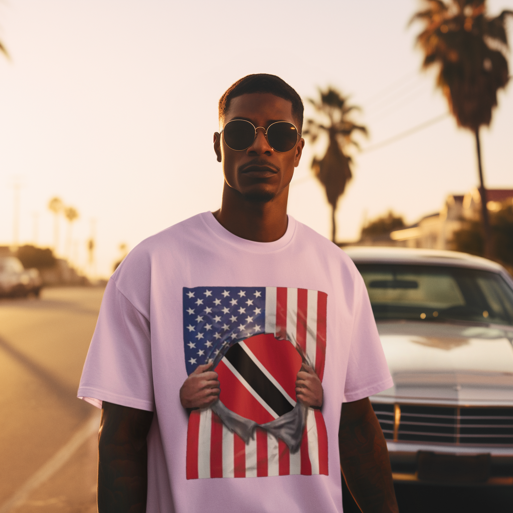 Camiseta del Orgullo con la Bandera de Trinidad y Tobago y la Bandera de EE. UU. | Desgarro de la Bandera de Trinidad y Tobago y la Bandera Estadounidense para el 4 de Julio | Camisetas Latinas Virales Divertidas | Unisex - 4 Colores