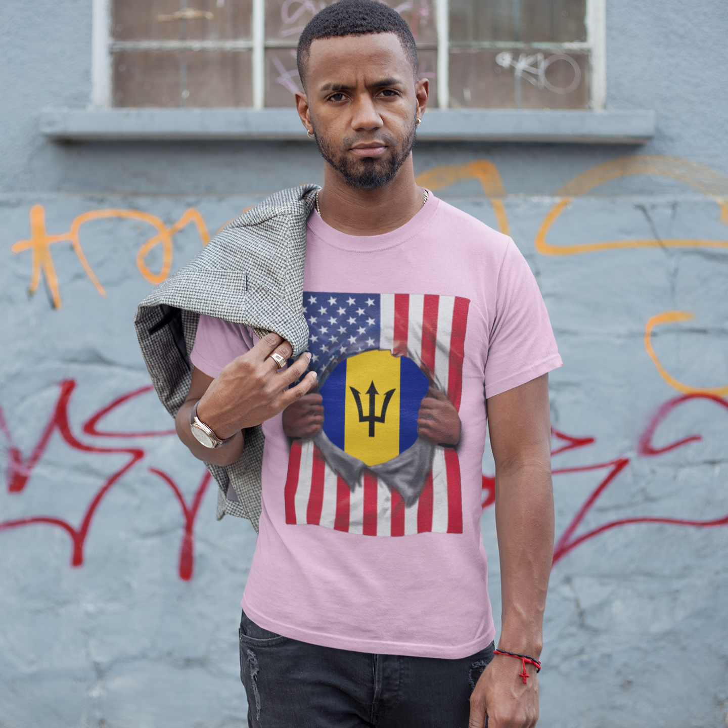 Camiseta Bandera Barbados + USA | Bandera Barbada + Americana Rasgada 4 de Julio | Camisetas Latinas Divertidas | 4 Colores