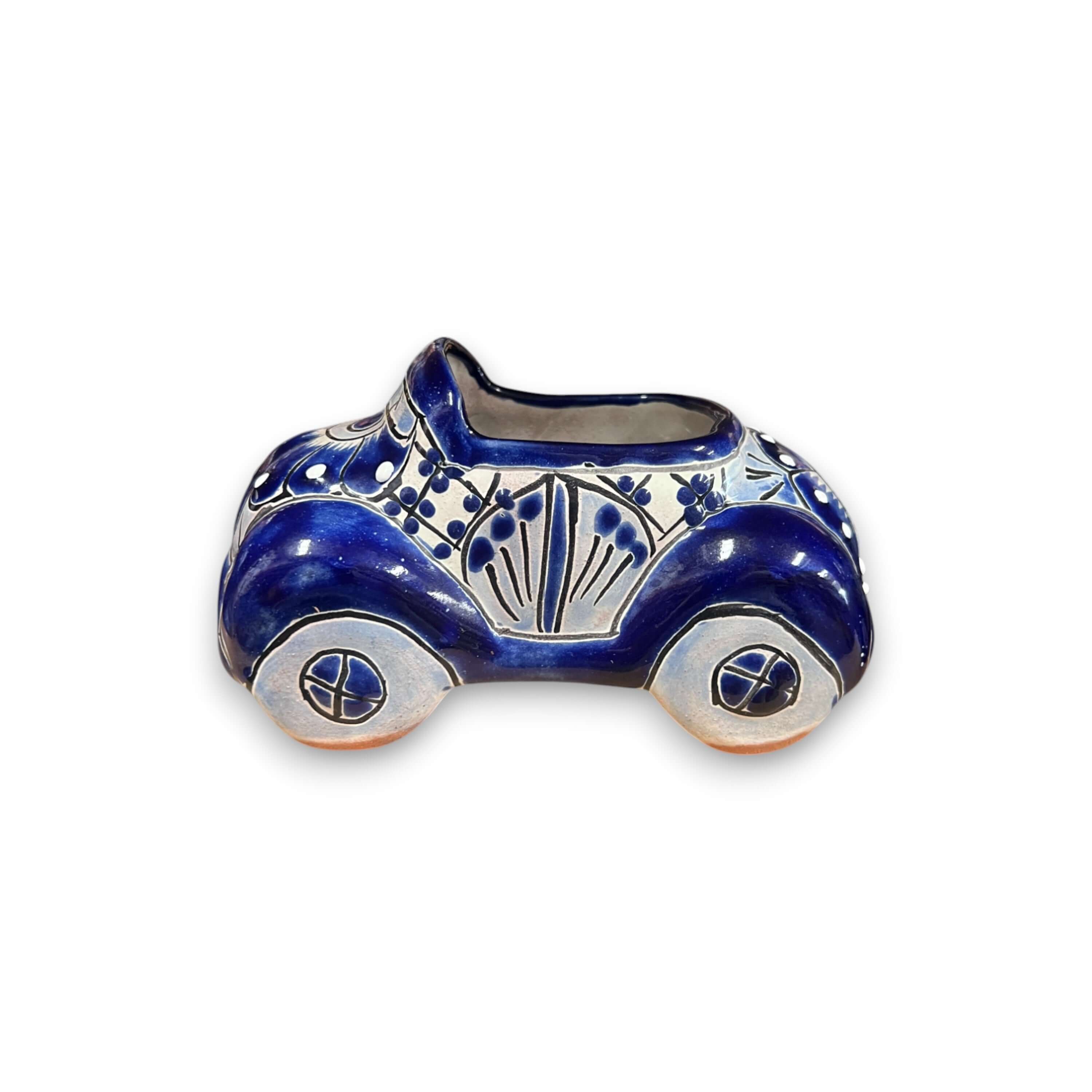 Macetero de coche Talavera | Pequeña maceta de cerámica hecha a mano en azul y blanco