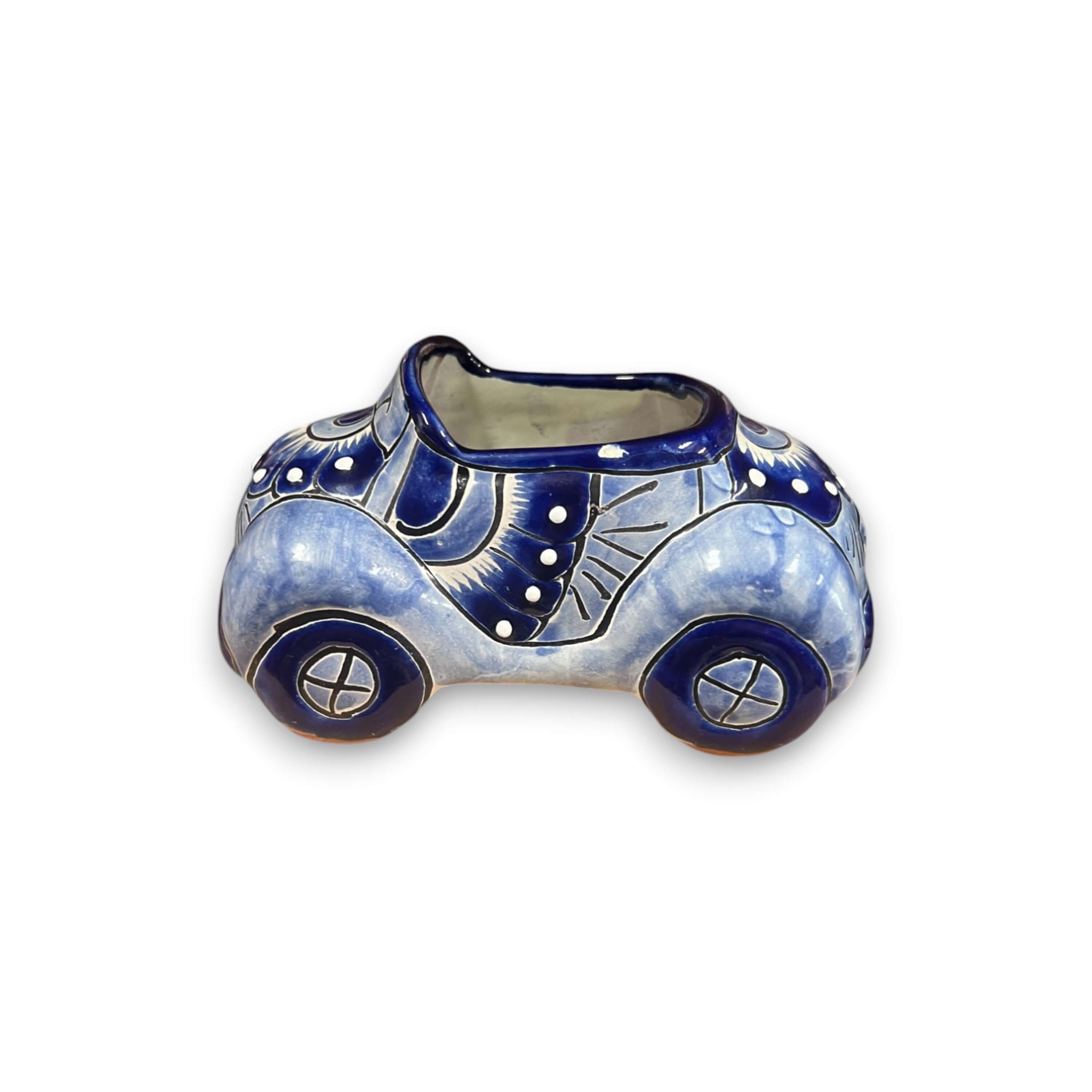 Macetero de coche Talavera | Pequeña maceta de cerámica hecha a mano en azul y blanco