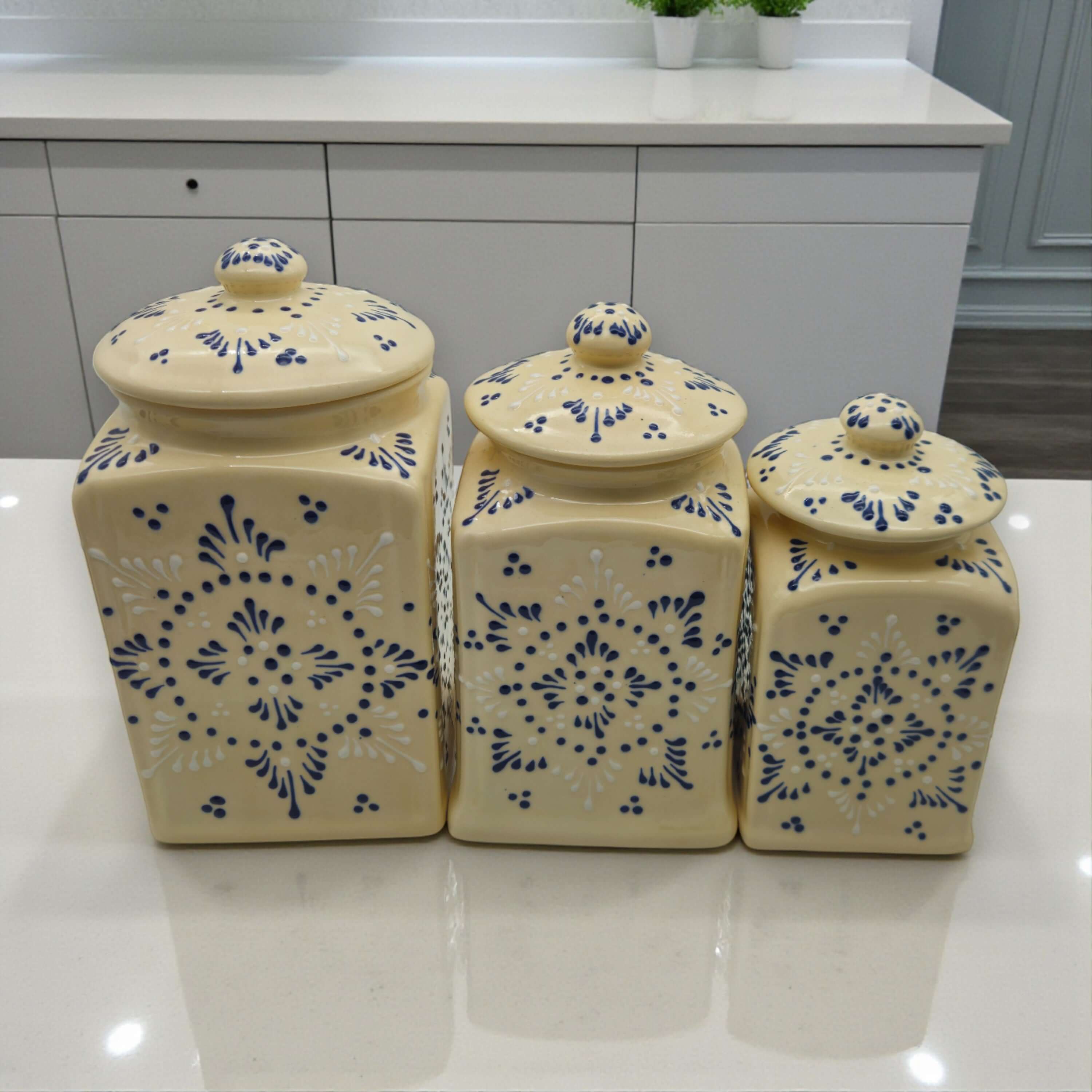 Botes de cocina de cerámica de Talavera, juego de tres | Blanco multicolor