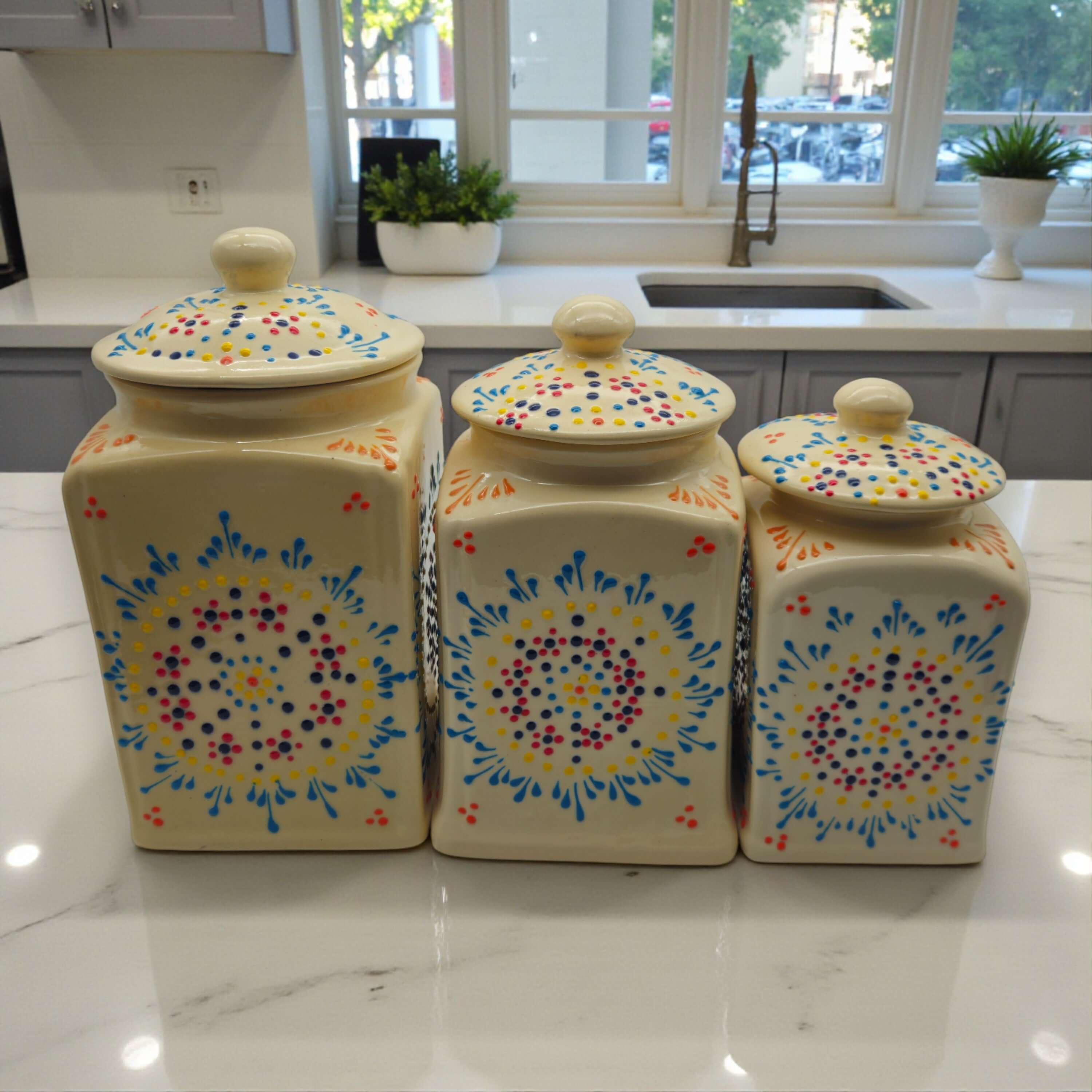 Botes de cocina de cerámica de Talavera, juego de tres | Blanco multicolor