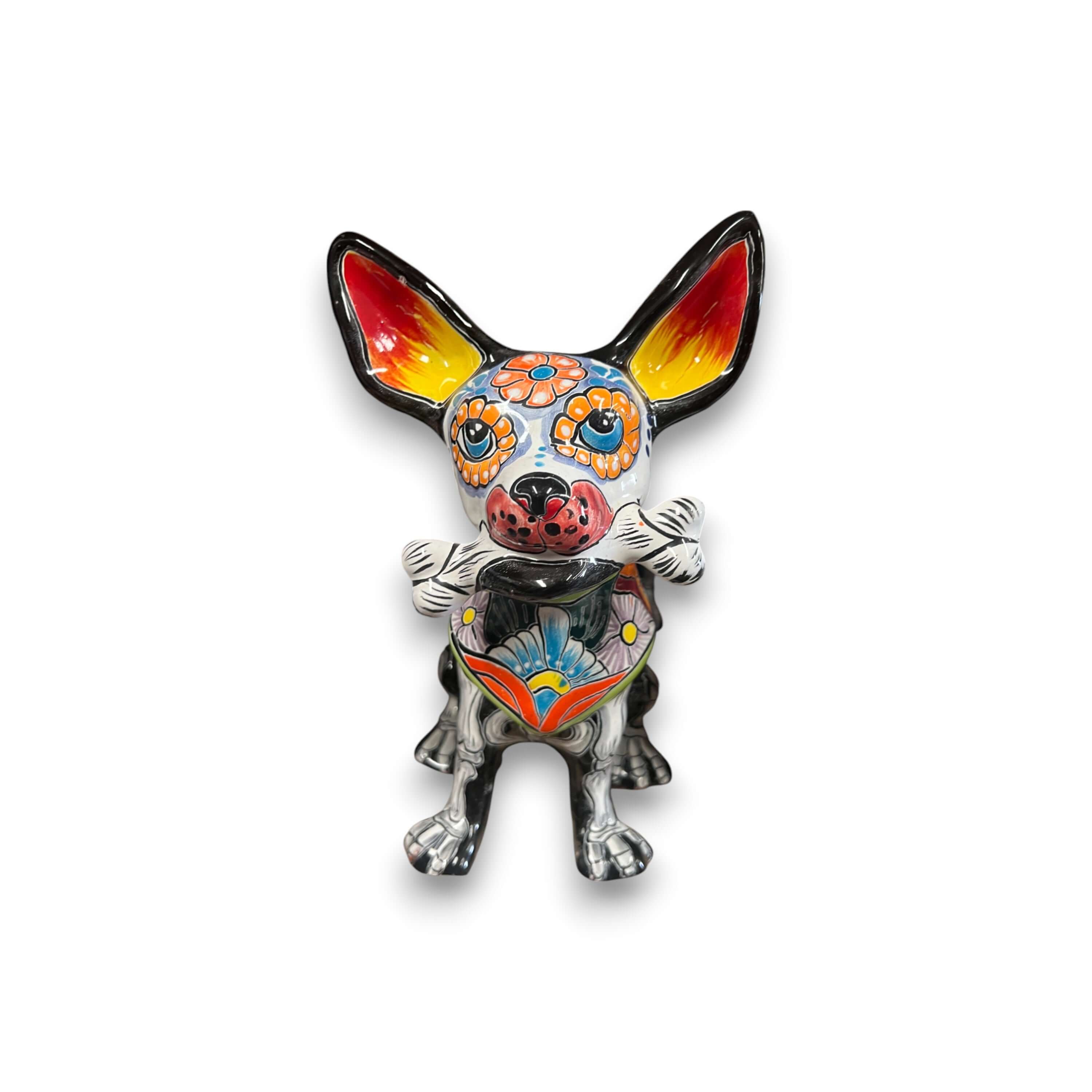 Talavera Chihuahua Sosteniendo Hueso | Figura de Perro del Día de Muertos