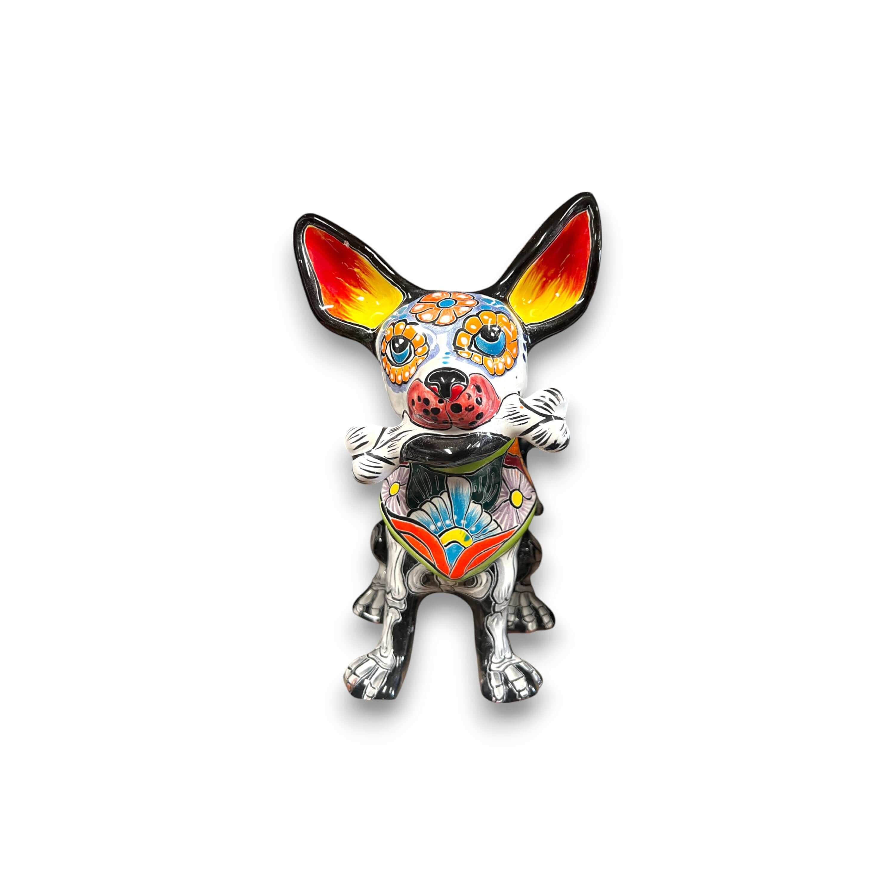 Talavera Chihuahua Sosteniendo Hueso | Figura de Perro del Día de Muertos
