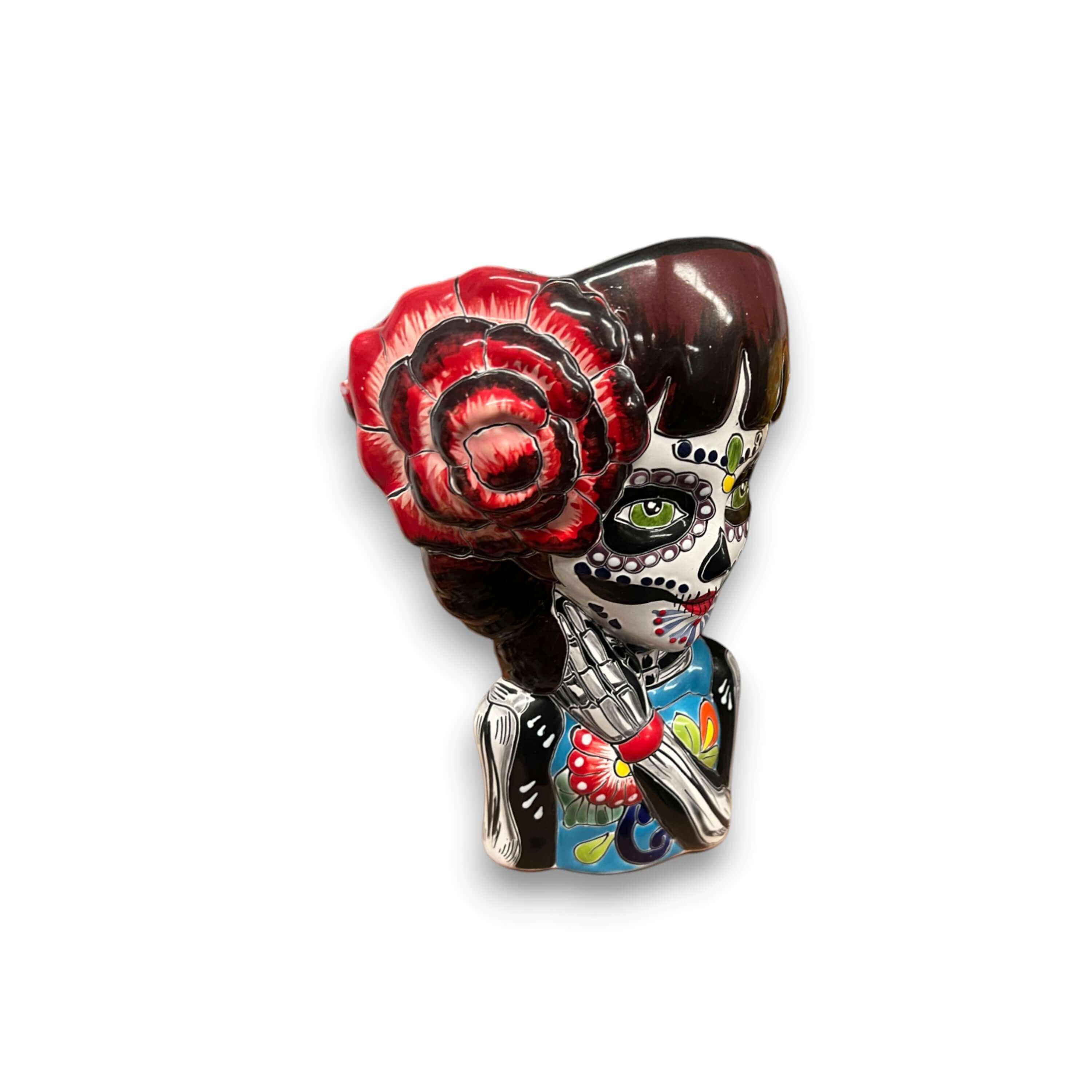 Maceta de Talavera con diseño de Calavera del Día de Muertos | Maceta de Cerámica Artesanal con Forma de Calavera