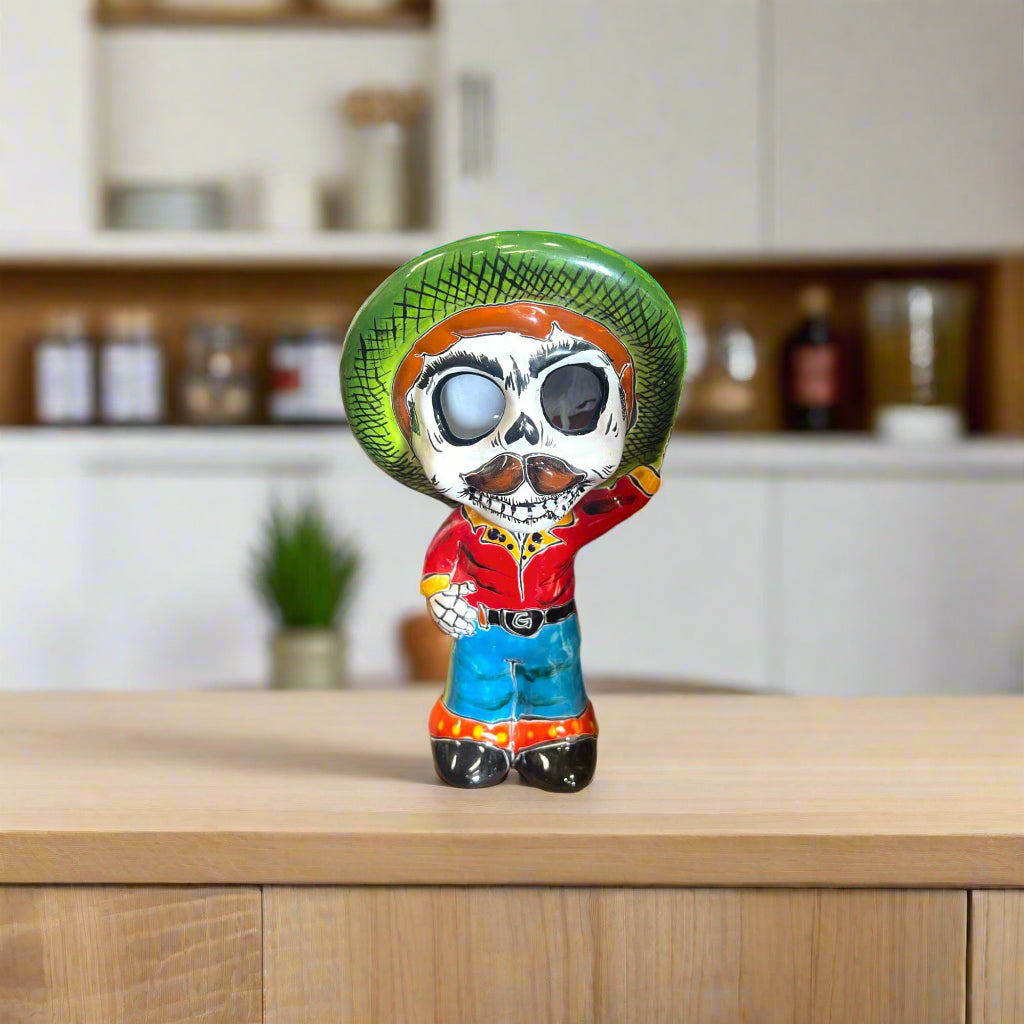 Estatua de esqueleto de Talavera | Figurilla de Día de Muertos con sombrero