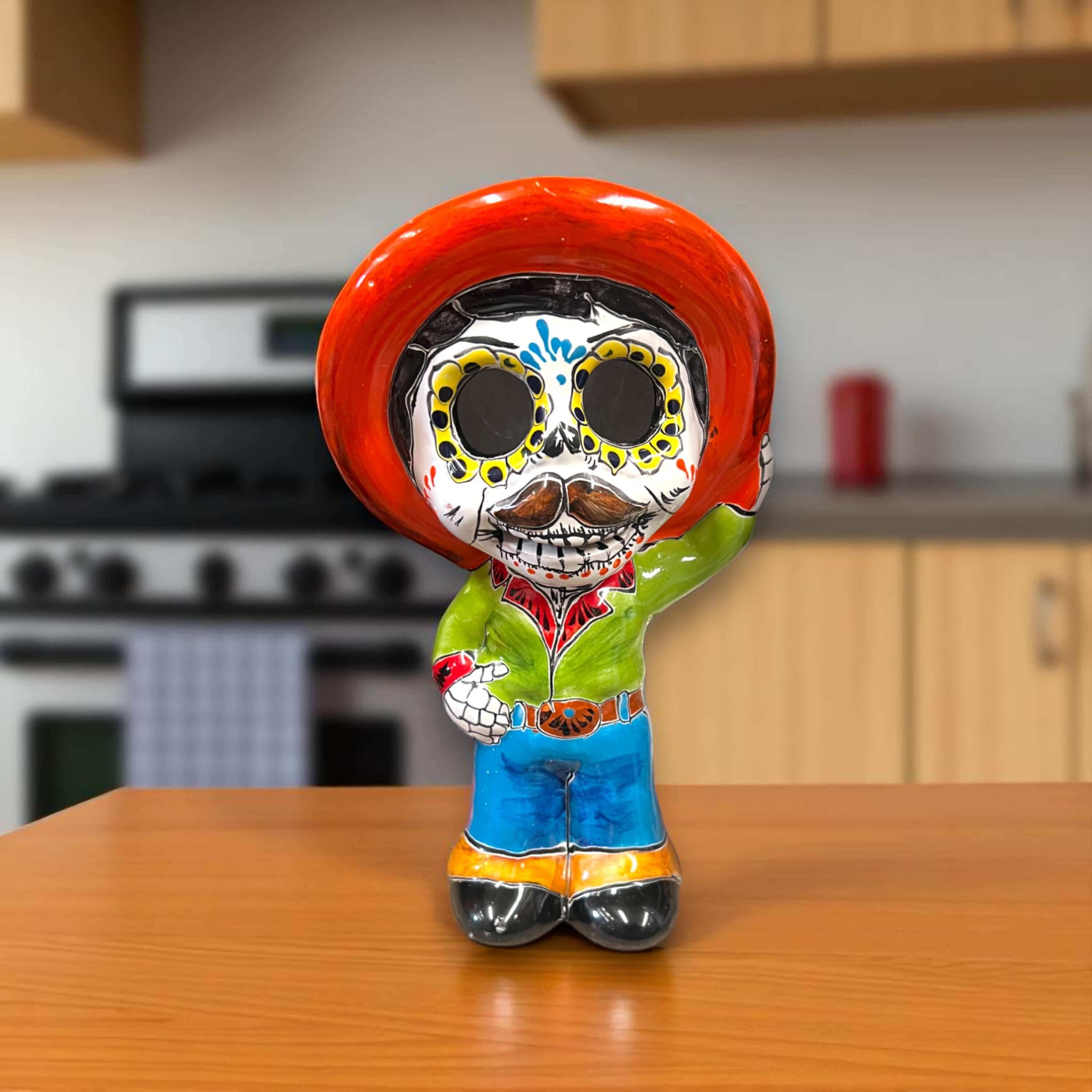 Estatua de esqueleto de Talavera | Figurilla de Día de Muertos con sombrero