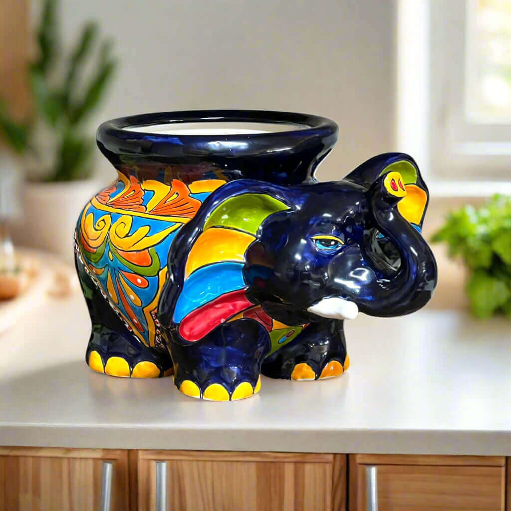 Macetero de Elefante de Talavera | Maceta de Cerámica Mexicana Colorida