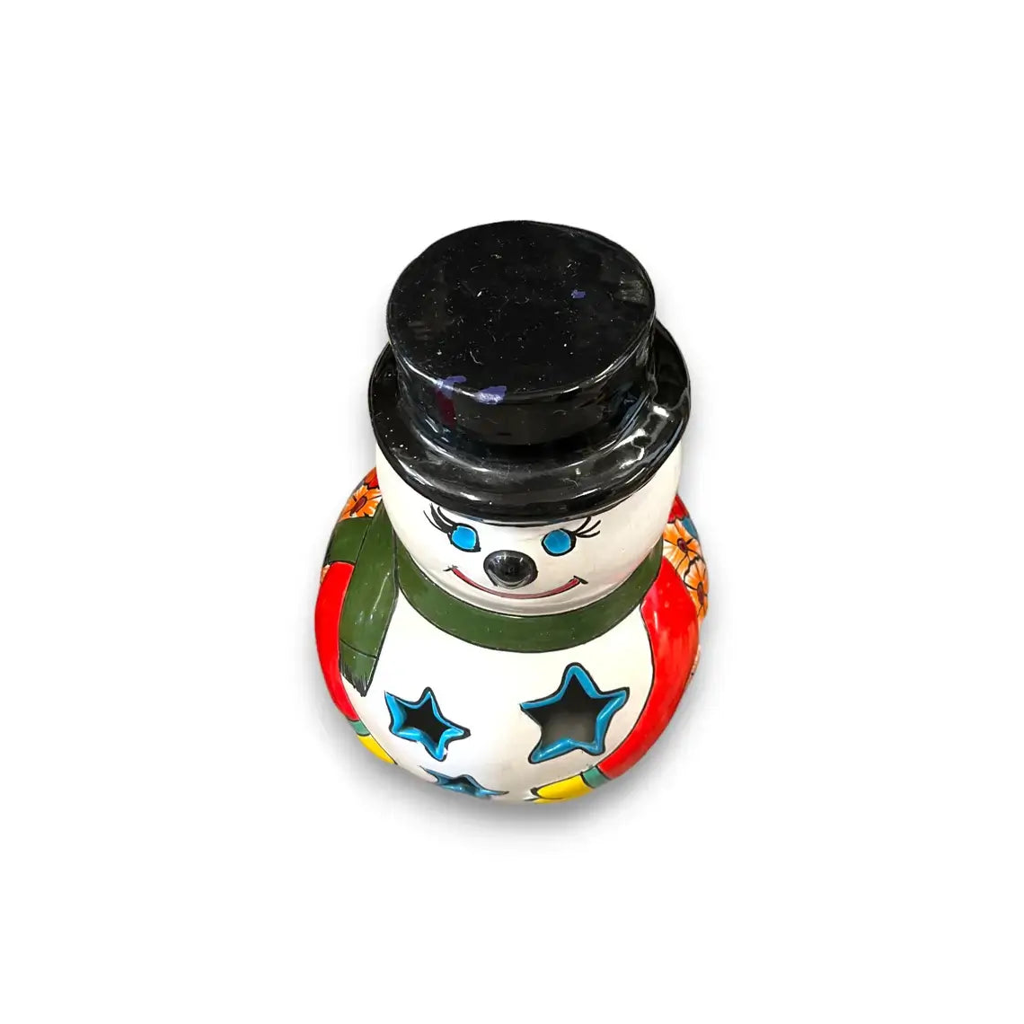 Figurilla de muñeco de nieve de Talavera | Arte festivo navideño pintado a mano