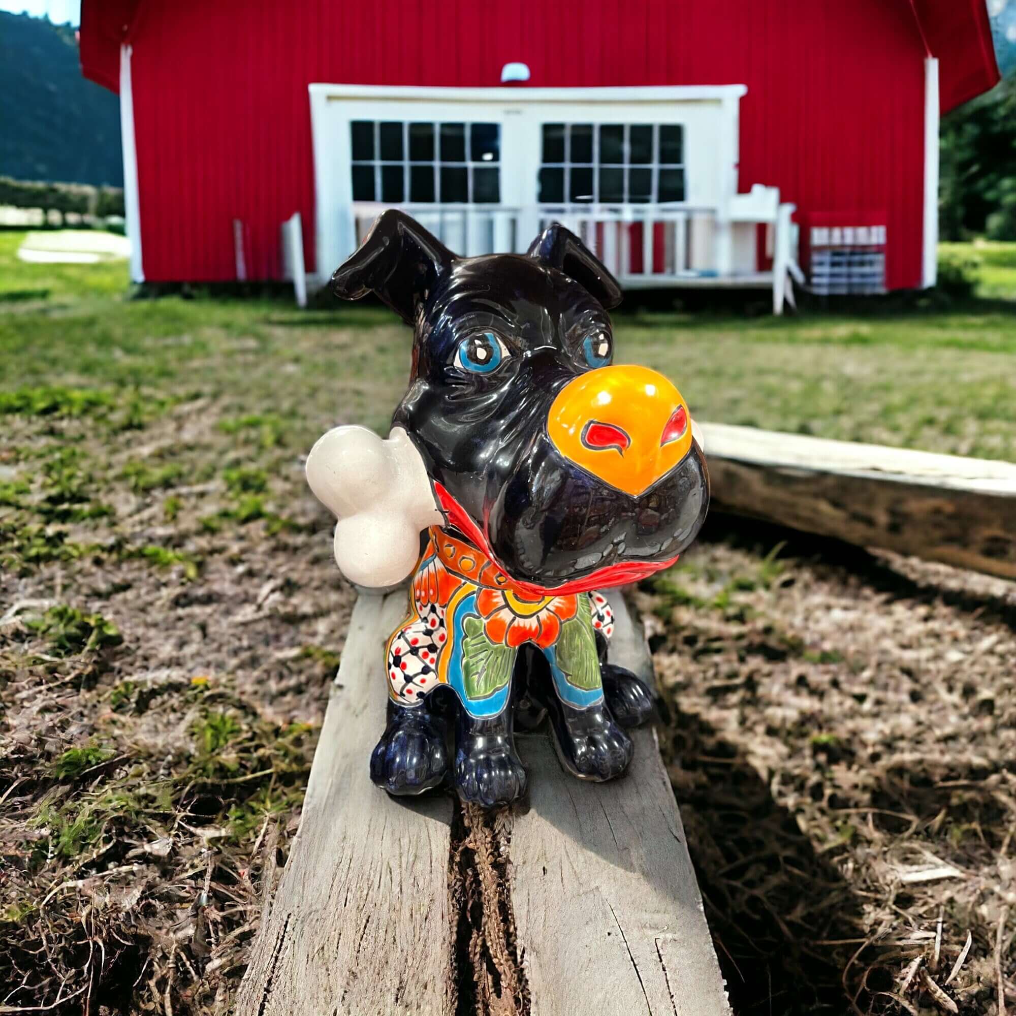 Perro Talavera con hueso | Decoración canina de cerámica pintada a mano (extragrande)