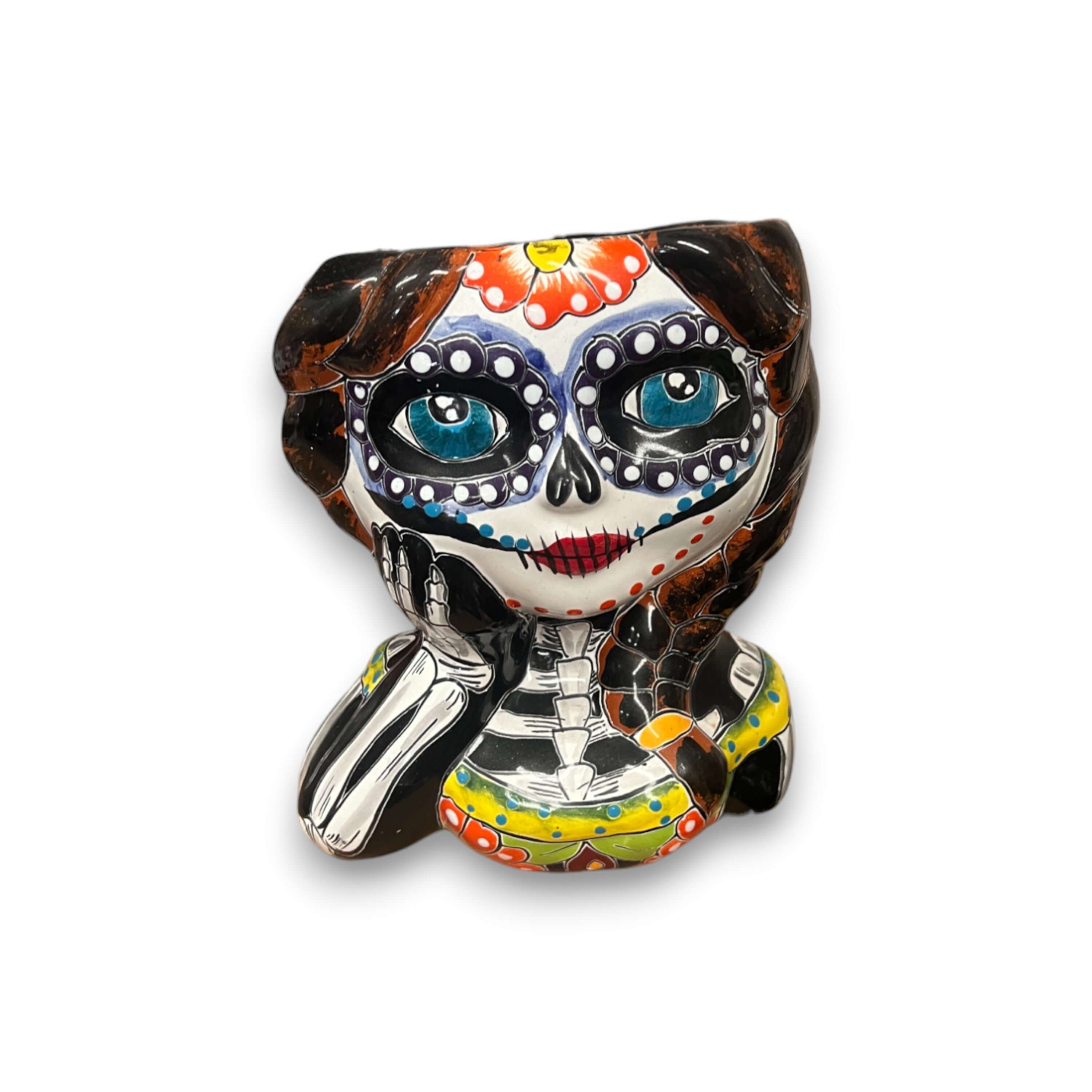 Maceta Talavera Calavera de Niña | Maceta del Día de Muertos Pintada a Mano