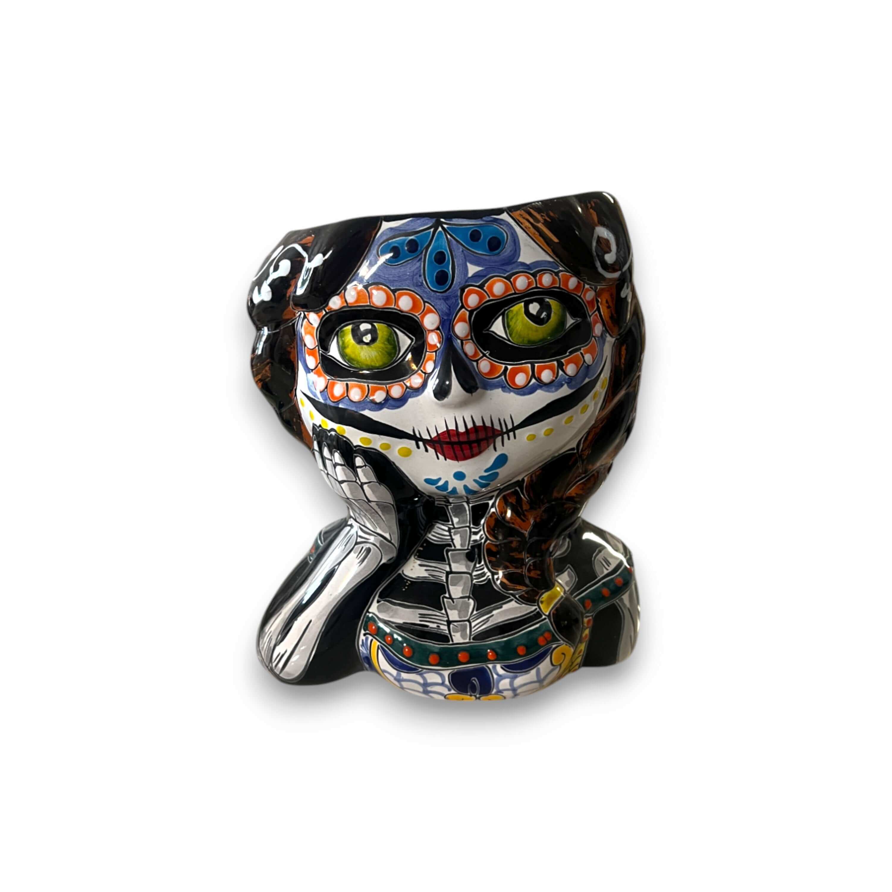 Maceta Talavera Calavera de Niña | Maceta del Día de Muertos Pintada a Mano