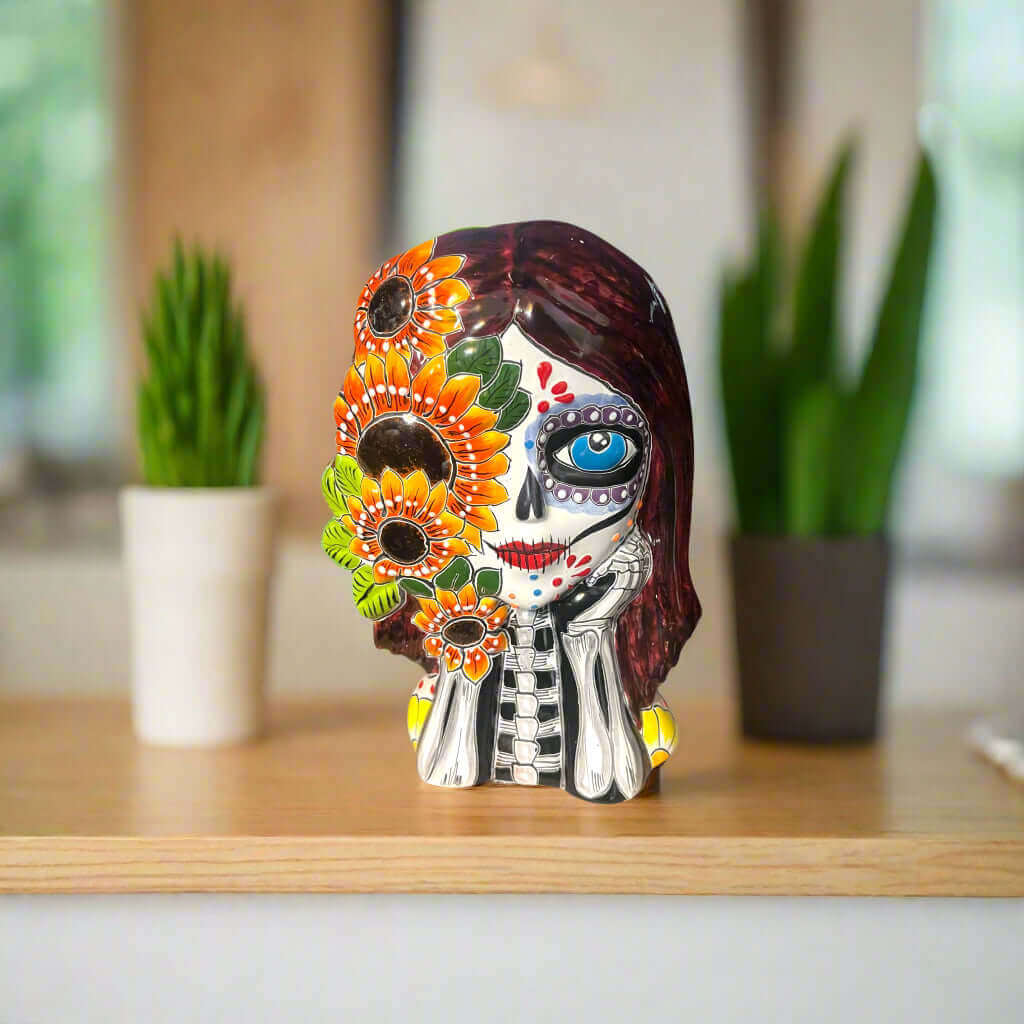 Maceta Talavera Calavera Girasol | Maceta Artesanal Día de Muertos
