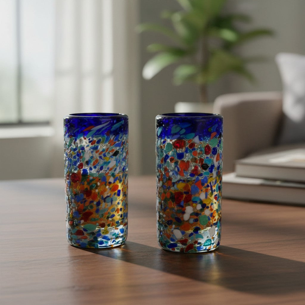 Confetti Double Shot Glass | Hand-Blown Mexican Blue Rim