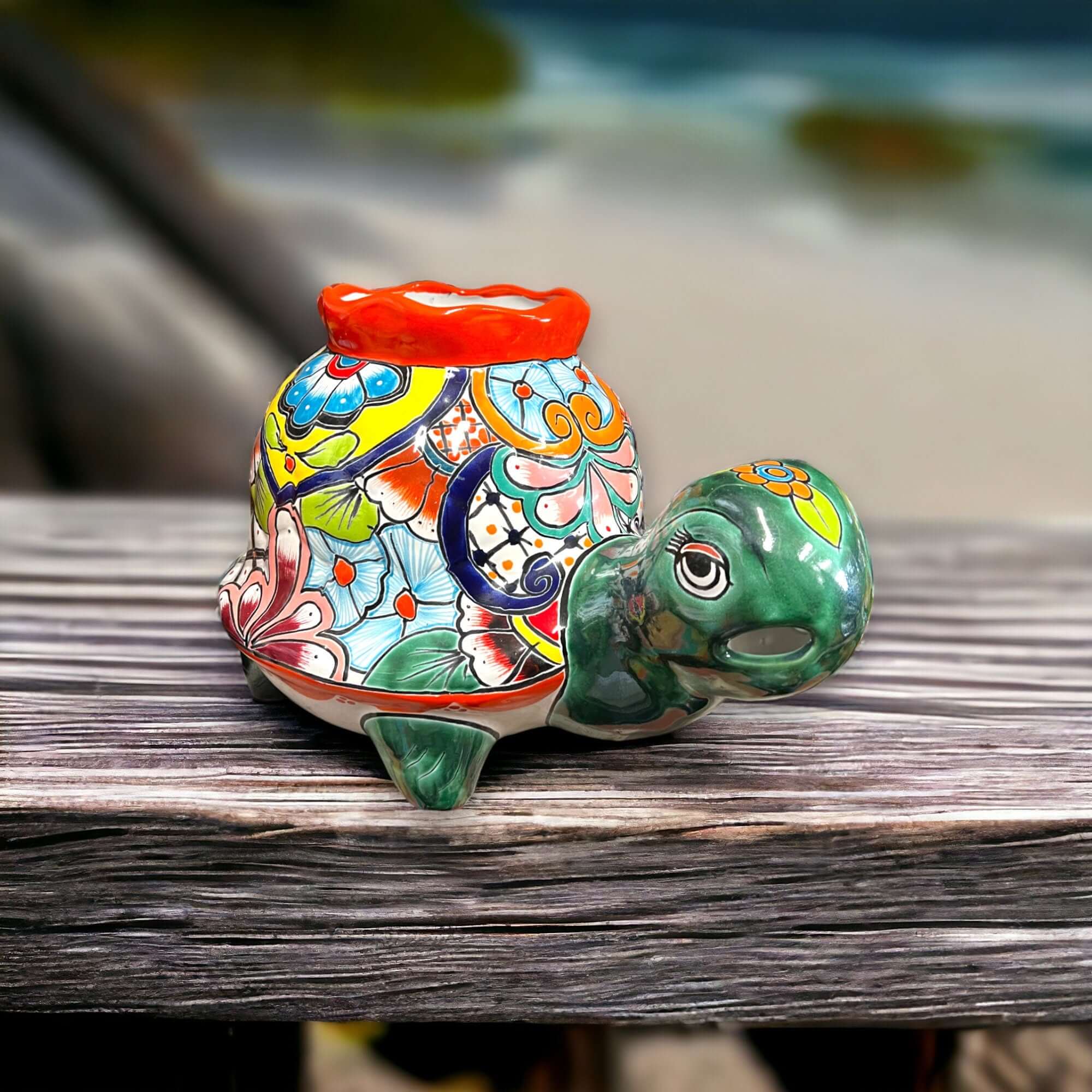 Maceta Vibrante de Tortuga Talavera | Cerámica Mexicana Colorida Pintada a Mano (Mediana)