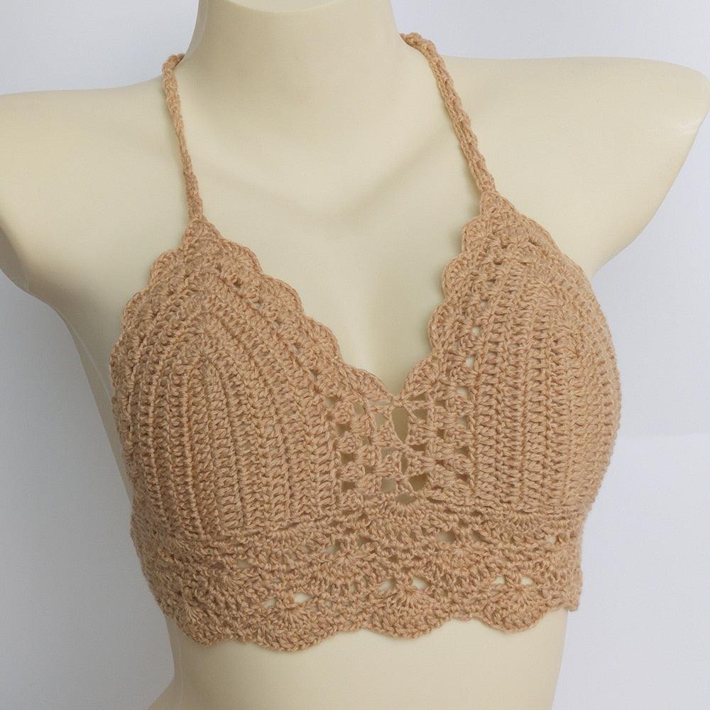 Woman Bikini Top Crochet Knit Separate Female Women Comfortable Beach Crochet Crop Summer Halter Tank Top Beach Knit Bra Beachwear Plus Size Bathing Suits Summer Beach Crochet Crop Tank Top