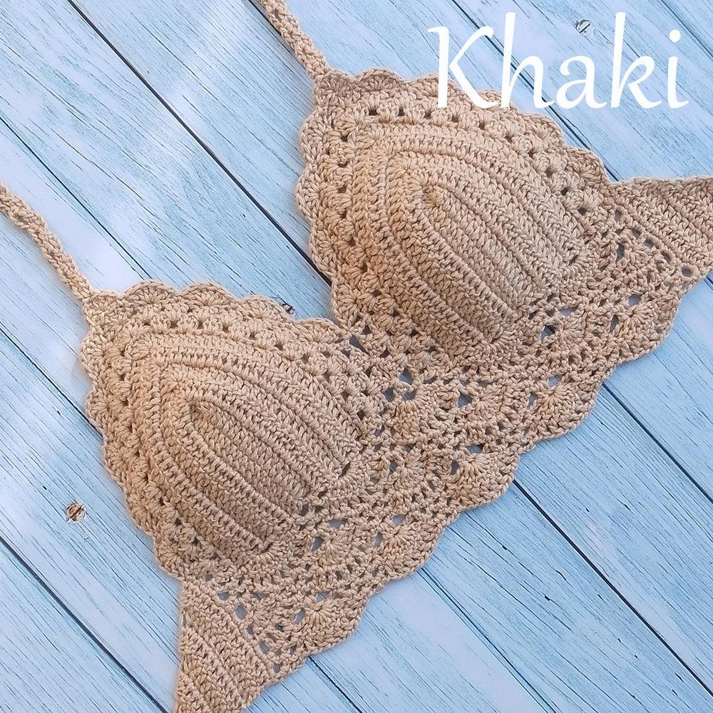 Woman Bikini Top Crochet Knit Separate Female Women Comfortable Beach Crochet Crop Summer Halter Tank Top Beach Knit Bra Beachwear Plus Size Bathing Suits Summer Beach Crochet Crop Tank Top