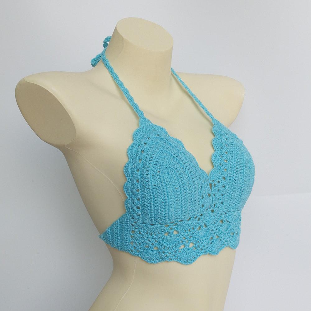 Woman Bikini Top Crochet Knit Separate Female Women Comfortable Beach Crochet Crop Summer Halter Tank Top Beach Knit Bra Beachwear Plus Size Bathing Suits Summer Beach Crochet Crop Tank Top