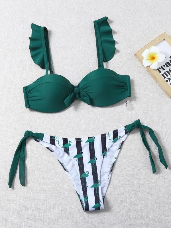 Women 2Pcs Summer Beach Bathing Suit Bowknot Ruffle Sleeve Crop Tops Striped Print Swimsuit Bikini Sets 2 Piece Ruffled V Neck Bathing Suits Summer Swimwear