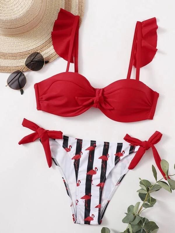 Women 2Pcs Summer Beach Bathing Suit Bowknot Ruffle Sleeve Crop Tops Striped Print Swimsuit Bikini Sets 2 Piece Ruffled V Neck Bathing Suits Summer Swimwear