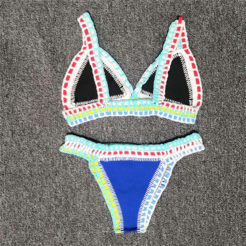 Women Bikini Set Swimwear Beachwear Low Waist Handmade Knit Swimsuit Female Bathing Suit Swimming Suit Women's Halter Sliding Triangle Bikini Sets Charming Tie Side Bathing Suit