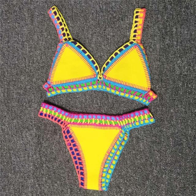 Women Bikini Set Swimwear Beachwear Low Waist Handmade Knit Swimsuit Female Bathing Suit Swimming Suit Women's Halter Sliding Triangle Bikini Sets Charming Tie Side Bathing Suit