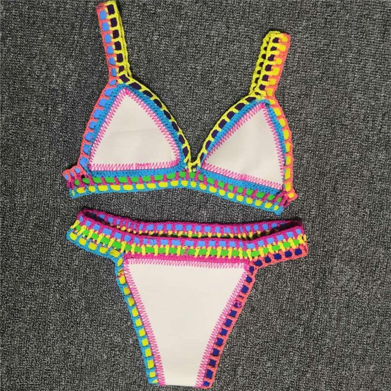 Women Bikini Set Swimwear Beachwear Low Waist Handmade Knit Swimsuit Female Bathing Suit Swimming Suit Women's Halter Sliding Triangle Bikini Sets Charming Tie Side Bathing Suit