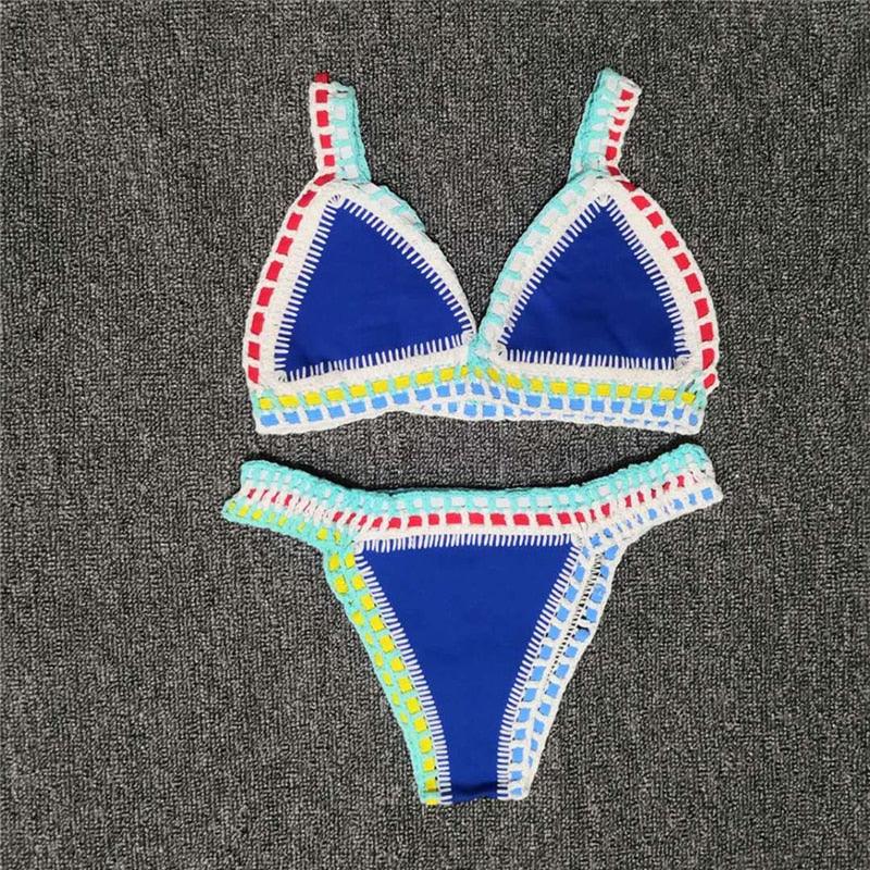 Women Bikini Set Swimwear Beachwear Low Waist Handmade Knit Swimsuit Female Bathing Suit Swimming Suit Women's Halter Sliding Triangle Bikini Sets Charming Tie Side Bathing Suit