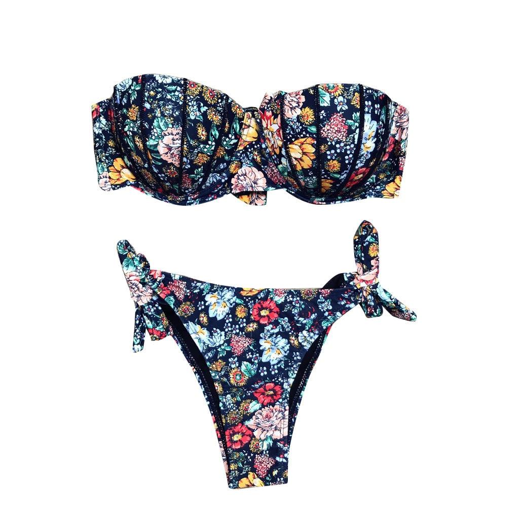Women Bikini Swimsuit Bandage Floral Print Swimwear Split Bathing Suit Swimsuit Women Two 2 Piece Split Swimsuit Bandage Bikini Sets Halter Tops Bottoms Strapless Swimwear