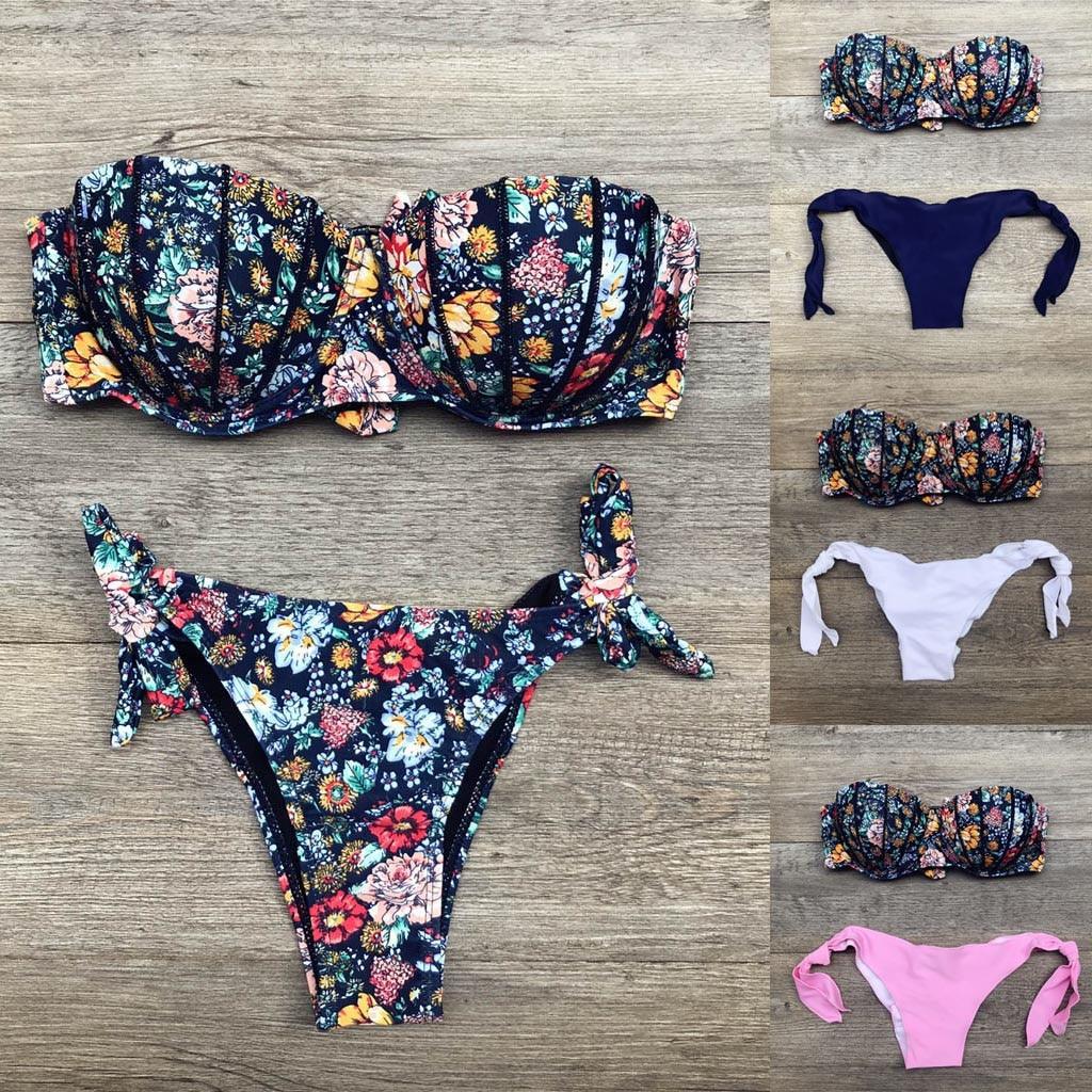 Women Bikini Swimsuit Bandage Floral Print Swimwear Split Bathing Suit Swimsuit Women Two 2 Piece Split Swimsuit Bandage Bikini Sets Halter Tops Bottoms Strapless Swimwear