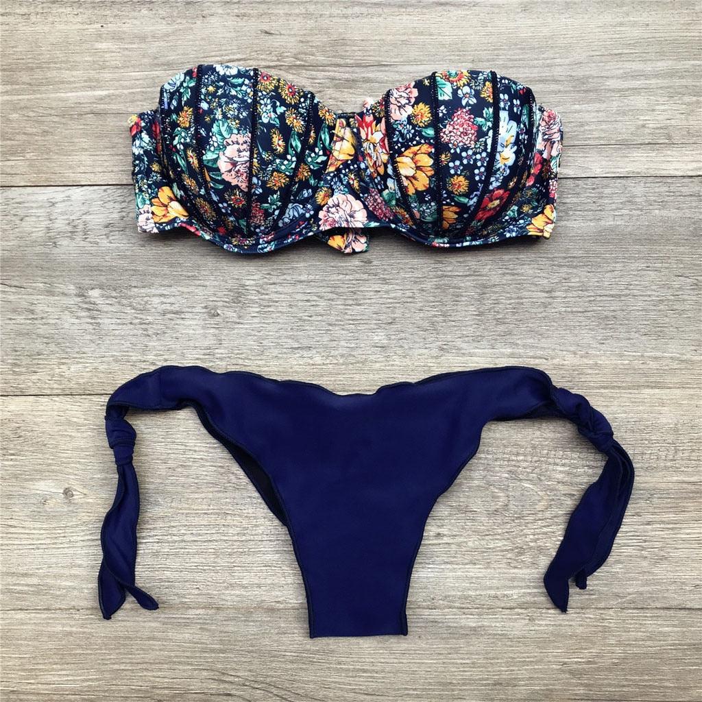 Women Bikini Swimsuit Bandage Floral Print Swimwear Split Bathing Suit Swimsuit Women Two 2 Piece Split Swimsuit Bandage Bikini Sets Halter Tops Bottoms Strapless Swimwear
