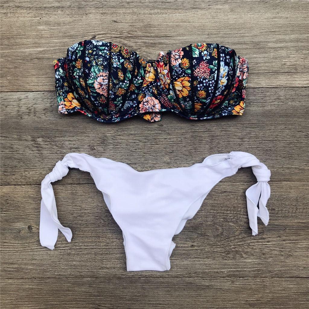 Women Bikini Swimsuit Bandage Floral Print Swimwear Split Bathing Suit Swimsuit Women Two 2 Piece Split Swimsuit Bandage Bikini Sets Halter Tops Bottoms Strapless Swimwear