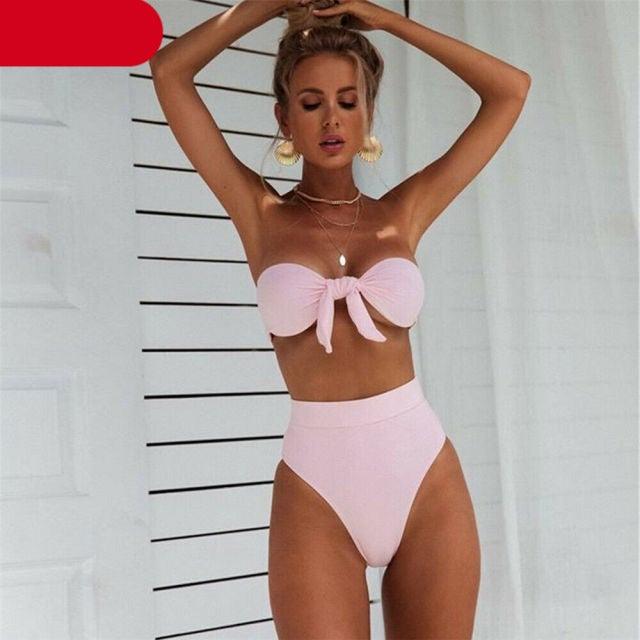 Women Padded Push Up Strapless Swimsuit Women's Tie Knot Front High Waist Bandage 2PCS Bikini Sets Beachwear Bathing Suit Swimwear Bikini Set Adjustable Bikini Sets Two Piece Bathing Suit
