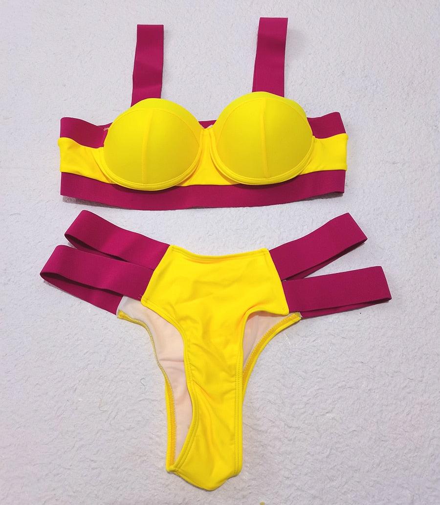 Women Push Up Bikini Women Neon Bandage Swimwear Women Patchwork Bikini Swimsuit 2 Piece Cutout Molded Push Up Bathing Suit Ruffle Hook Closure Bikini Set Two Piece Bathing Suit