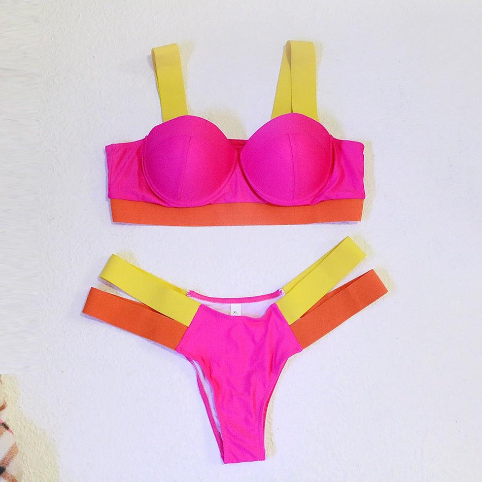Women Push Up Bikini Women Neon Bandage Swimwear Women Patchwork Bikini Swimsuit 2 Piece Cutout Molded Push Up Bathing Suit Ruffle Hook Closure Bikini Set Two Piece Bathing Suit