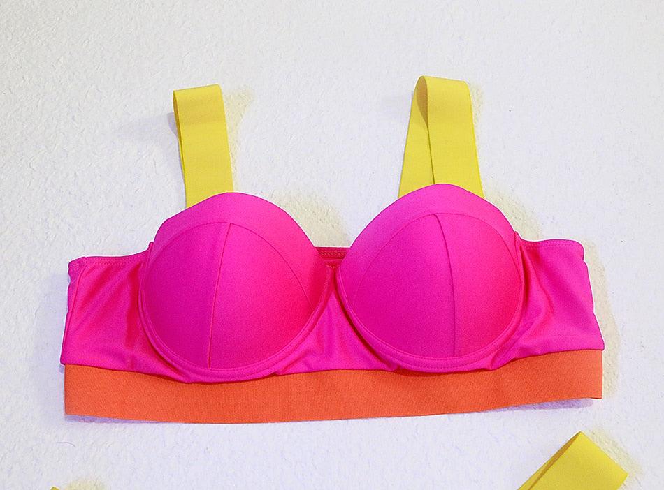Women Push Up Bikini Women Neon Bandage Swimwear Women Patchwork Bikini Swimsuit 2 Piece Cutout Molded Push Up Bathing Suit Ruffle Hook Closure Bikini Set Two Piece Bathing Suit