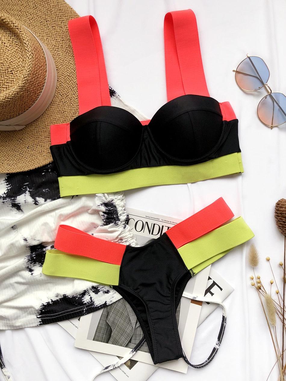 Women Push Up Bikini Women Neon Bandage Swimwear Women Patchwork Bikini Swimsuit 2 Piece Cutout Molded Push Up Bathing Suit Ruffle Hook Closure Bikini Set Two Piece Bathing Suit
