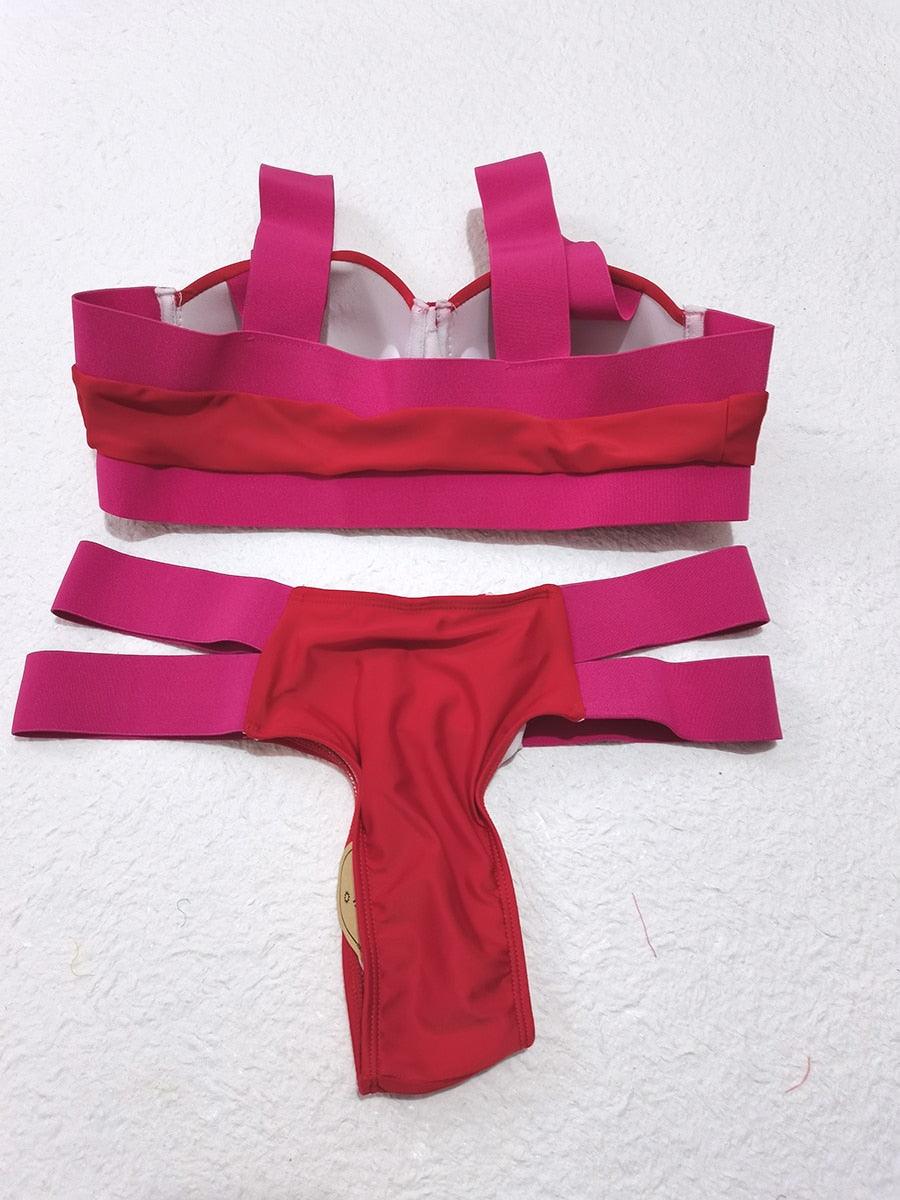 Women Push Up Bikini Women Neon Bandage Swimwear Women Patchwork Bikini Swimsuit 2 Piece Cutout Molded Push Up Bathing Suit Ruffle Hook Closure Bikini Set Two Piece Bathing Suit