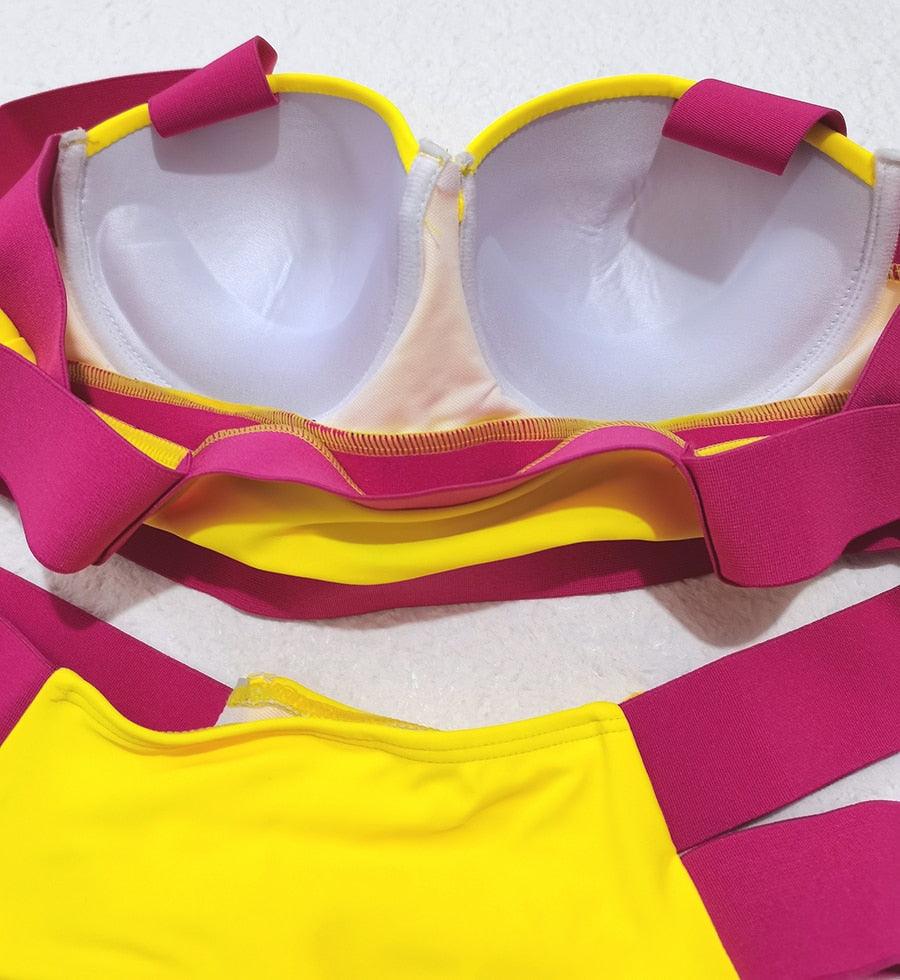 Women Push Up Bikini Women Neon Bandage Swimwear Women Patchwork Bikini Swimsuit 2 Piece Cutout Molded Push Up Bathing Suit Ruffle Hook Closure Bikini Set Two Piece Bathing Suit