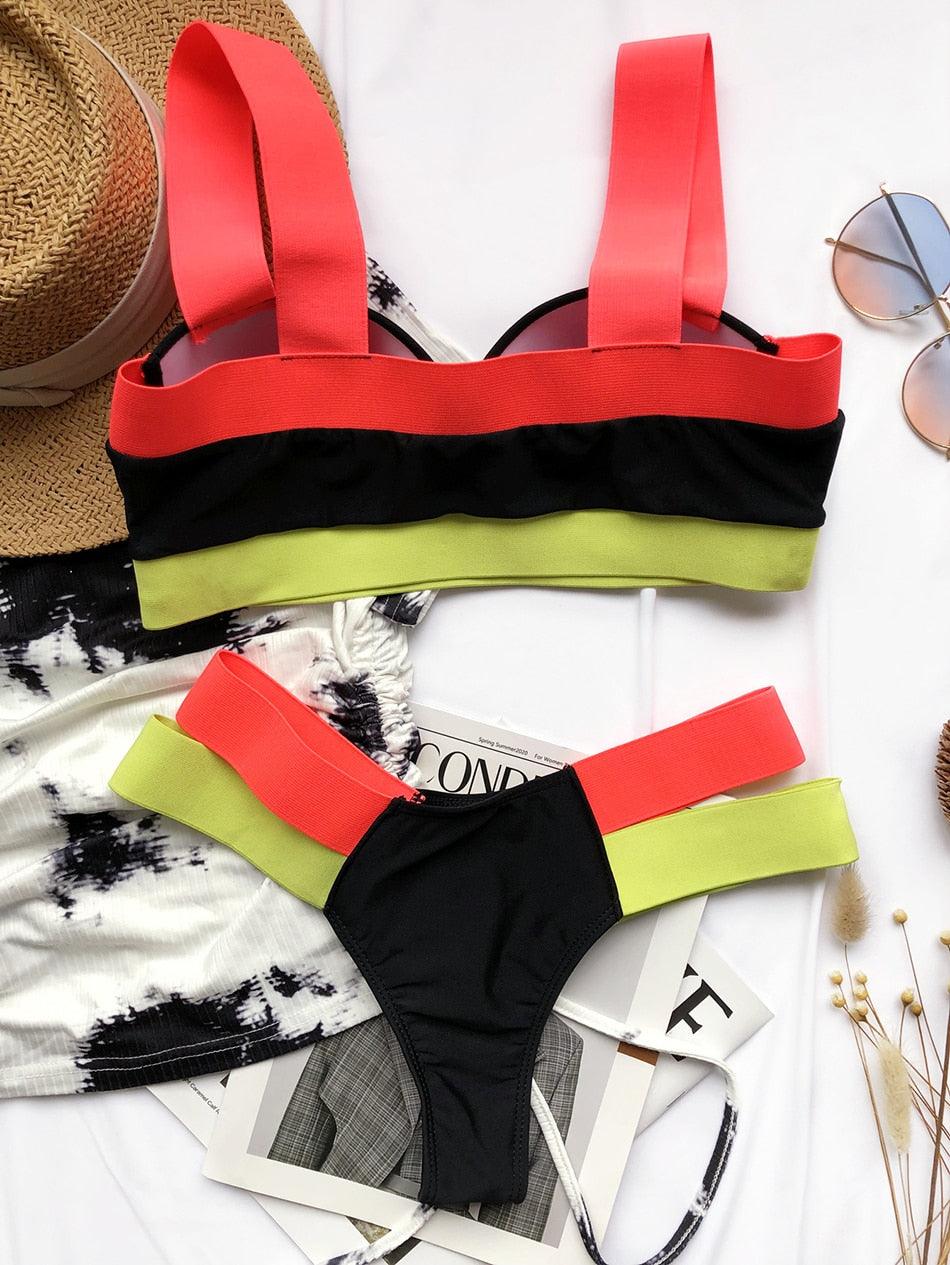Women Push Up Bikini Women Neon Bandage Swimwear Women Patchwork Bikini Swimsuit 2 Piece Cutout Molded Push Up Bathing Suit Ruffle Hook Closure Bikini Set Two Piece Bathing Suit