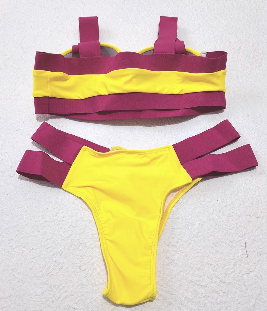 Women Push Up Bikini Women Neon Bandage Swimwear Women Patchwork Bikini Swimsuit 2 Piece Cutout Molded Push Up Bathing Suit Ruffle Hook Closure Bikini Set Two Piece Bathing Suit
