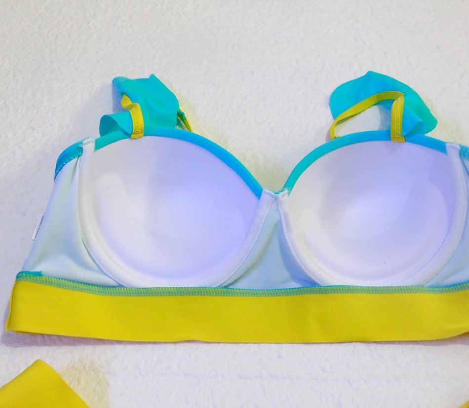 Women Push Up Bikini Women Neon Bandage Swimwear Women Patchwork Bikini Swimsuit 2 Piece Cutout Molded Push Up Bathing Suit Ruffle Hook Closure Bikini Set Two Piece Bathing Suit