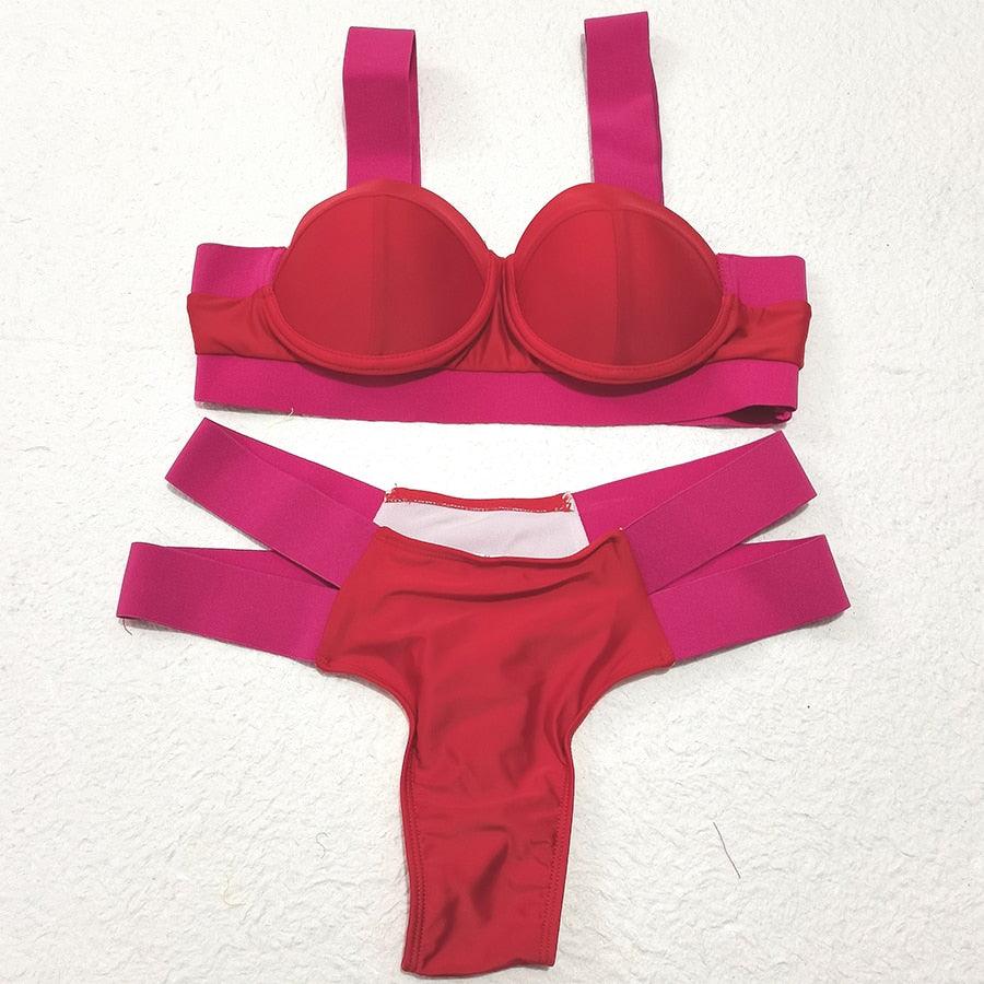Women Push Up Bikini Women Neon Bandage Swimwear Women Patchwork Bikini Swimsuit 2 Piece Cutout Molded Push Up Bathing Suit Ruffle Hook Closure Bikini Set Two Piece Bathing Suit
