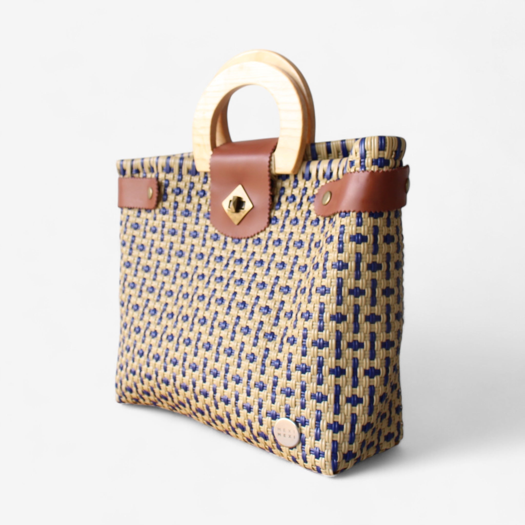Mocha & Blue Tote Wood Handles