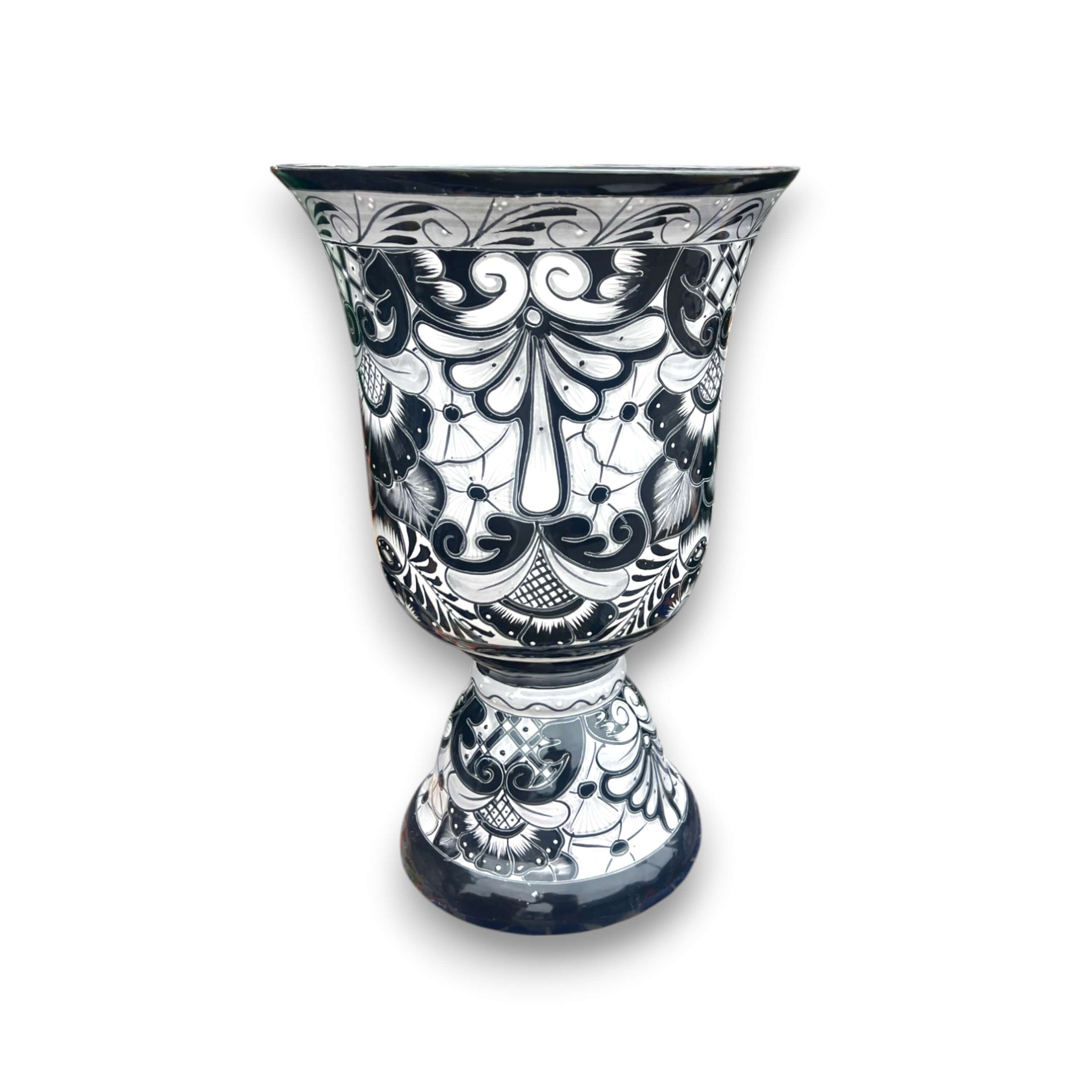 Macetero grande XL de Talavera negra | Maceta con pedestal pintada a mano