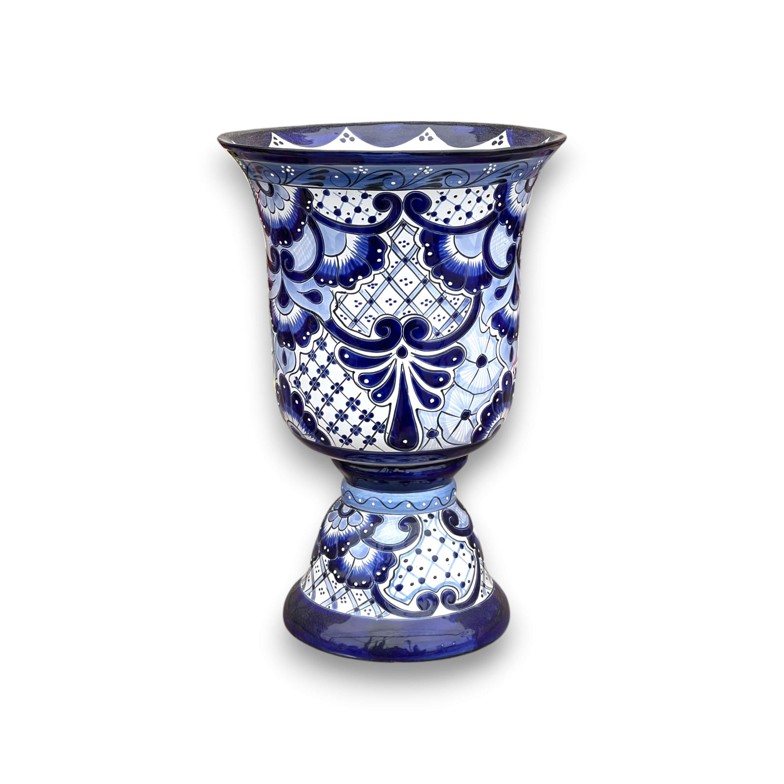 Macetero XL de Talavera | Maceta de pedestal azul pintada a mano
