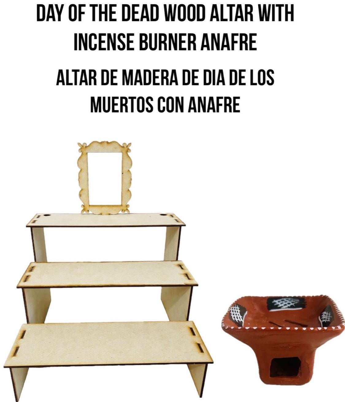 Altar de Ofrenda para Dia De Los Muertos de Madera con Anafre de Barro Day of the Dead Wood Offering Altar with Incense Burner